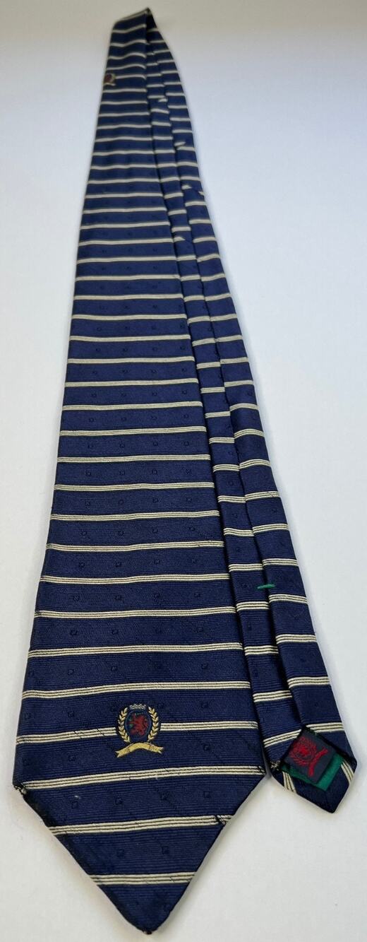 Tommy Hilfiger Mens Silk Tie Navy Gold Stripe Crest USA Classic Designer